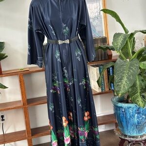 Vintage 70s Floral Zip Front House Dress XL Navy Long Hostess
